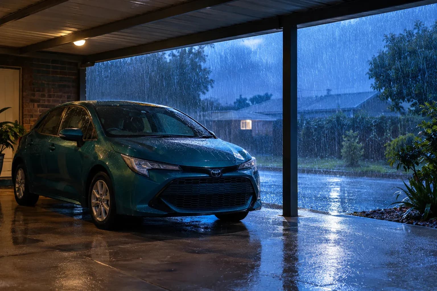 A compact teal car sheltered from a heavy summer downpour, rain sharply lit beyond the roof
