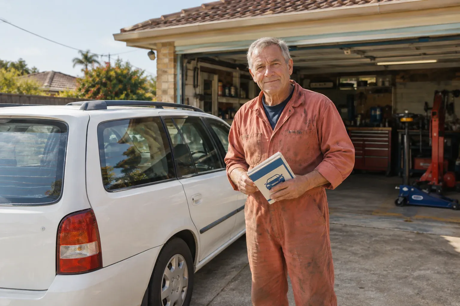 An older male mechanic in faded terracotta overalls holding a service booklet beside a white compact wagon at a suburban garage