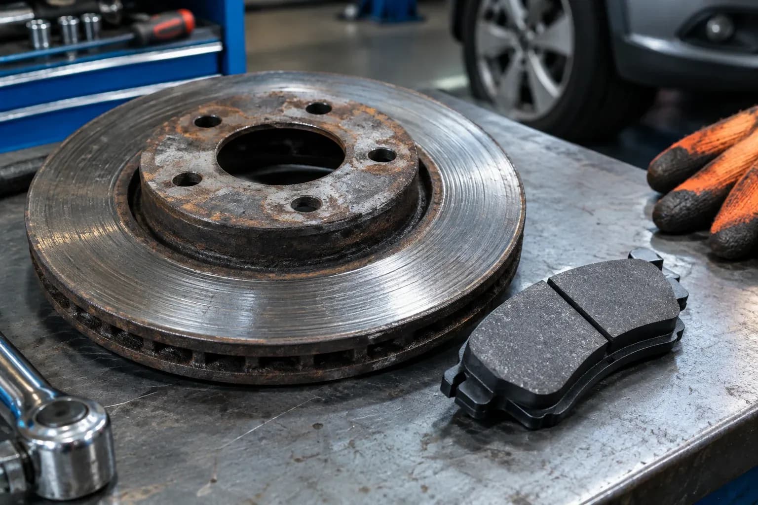 A worn brake disc and a new brake pad on a mechanic's steel workbench, orange work glove at frame edge