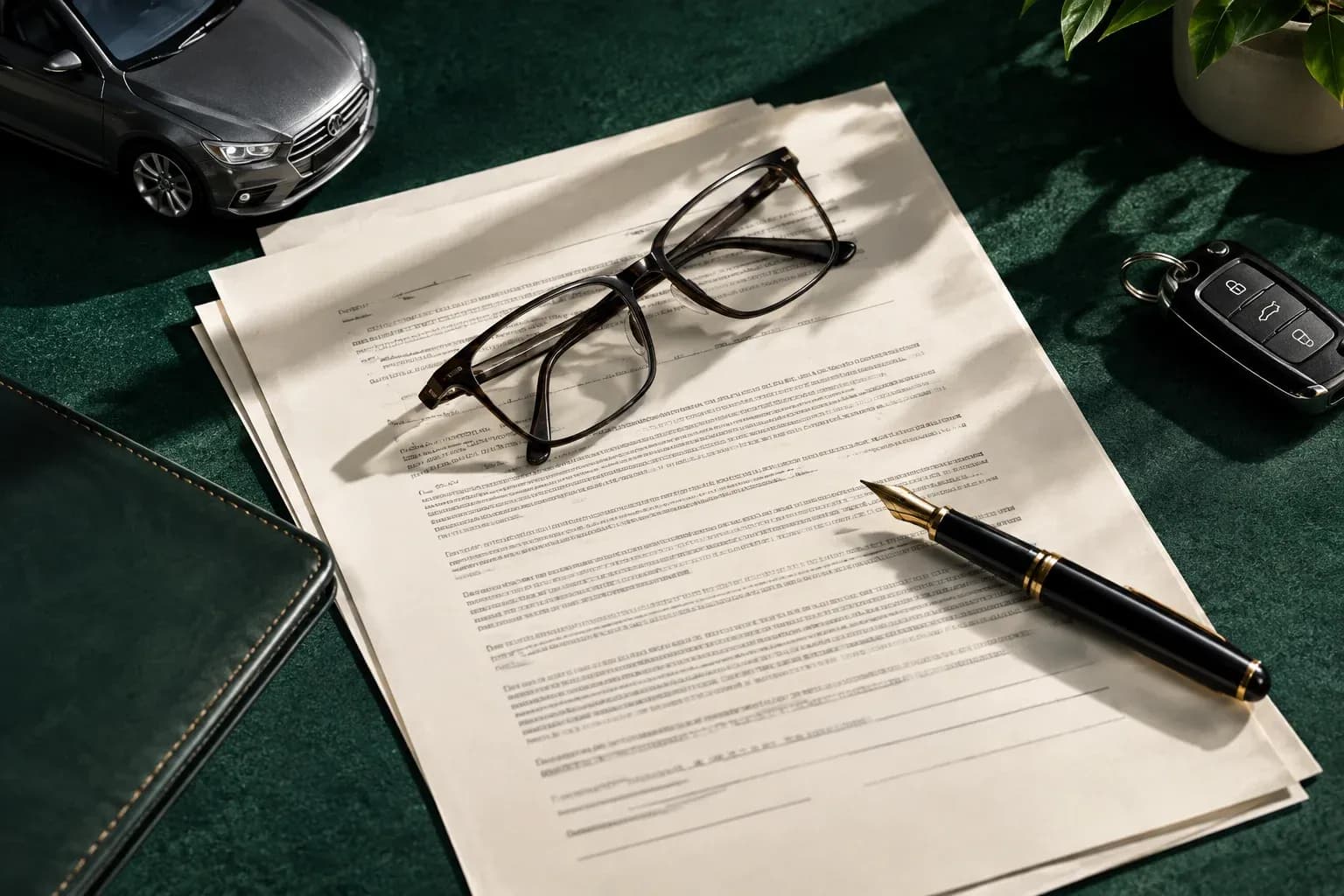 Cream contract pages, reading glasses and a fountain pen on a dark green felt desk