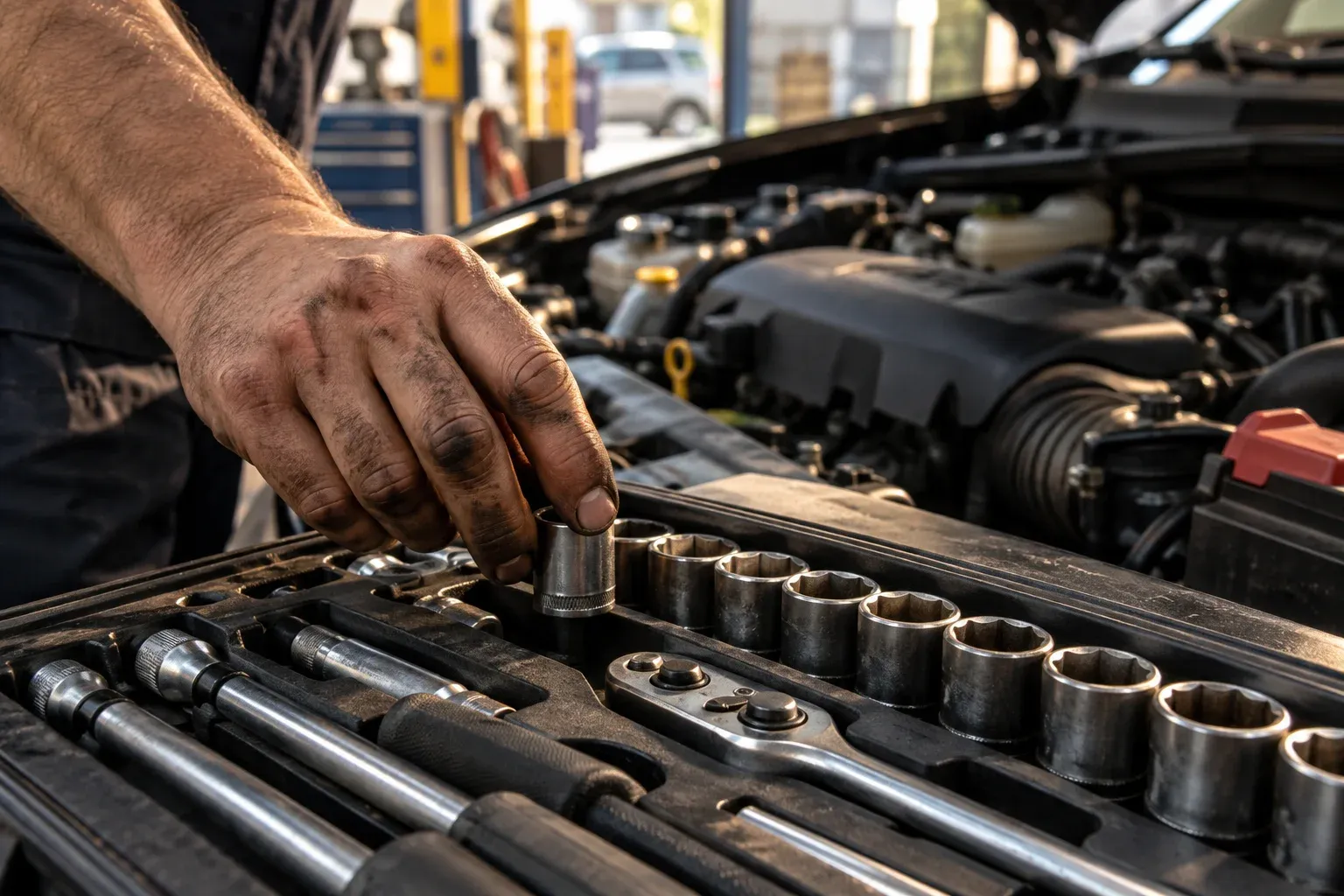 A mechanic's grease-marked hand places a socket beside an orderly tray of tools, engine bay beyond