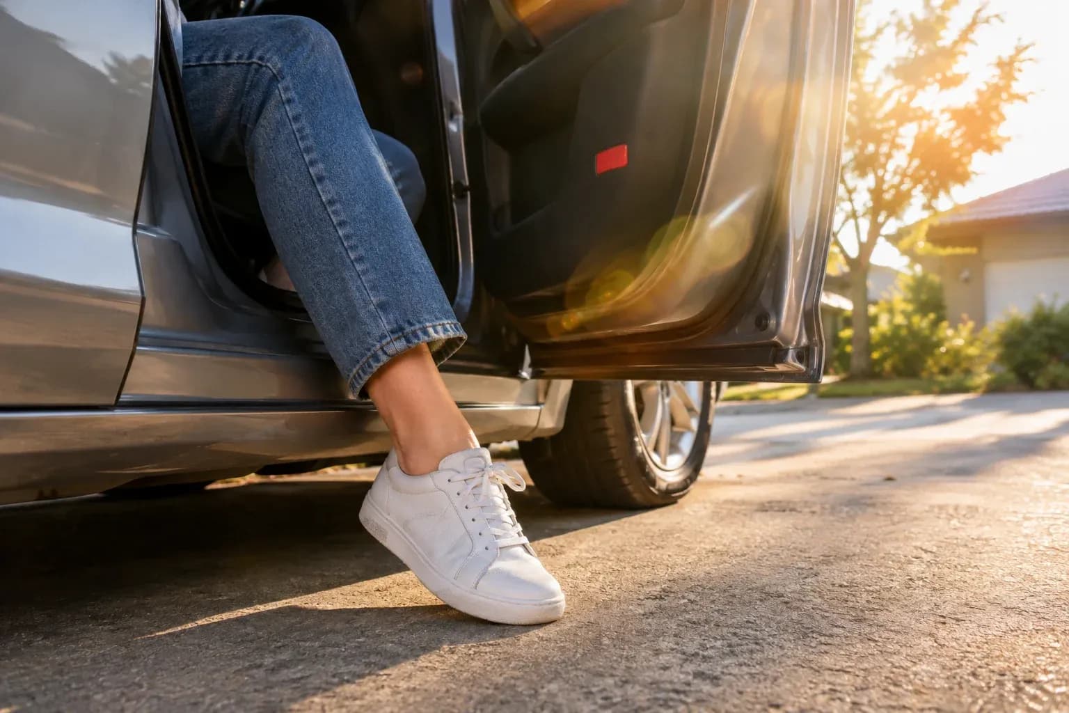 A car door opening onto morning sunlight, a person's shoes stepping onto a dry suburban driveway
