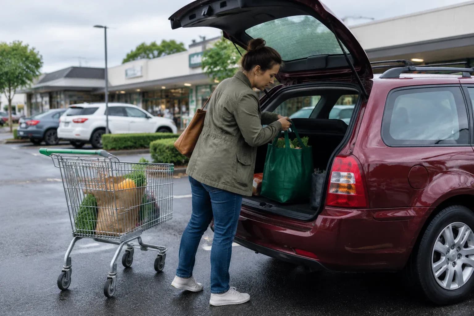 Adult woman in an olive jacket loading groceries into a compact maroon wagon outside a small Australian shopping strip