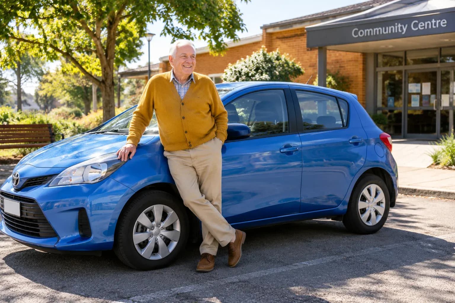 Older man in a mustard cardigan beside a small blue hatchback at a sunny community centre