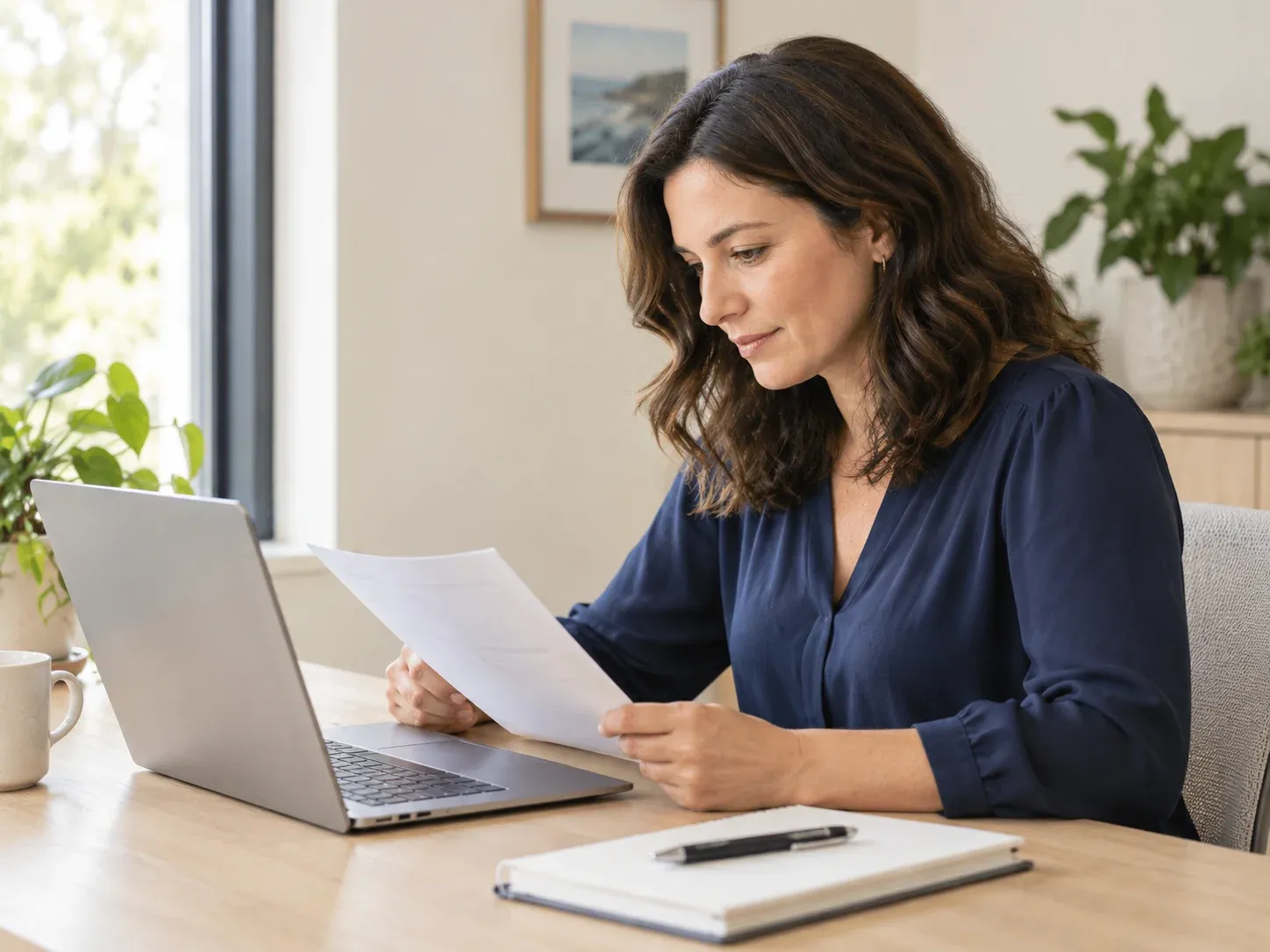 Loan specialist reviewing a document beside a laptop